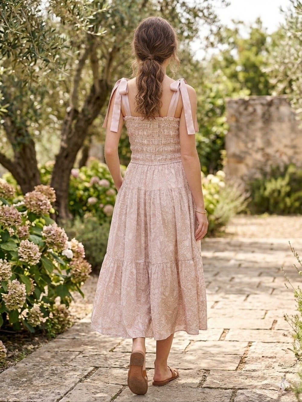 NWT En Saison Geraldine Maxi Dress Pink Champagne Smocked Tie Shoulder Tiered S - Picture 16 of 16